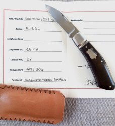 Cosimo Benedetto Dino Slipjoint...Fluted bolsters.. Rwl34..3.75 closed...Canvas MIcarta..coa & slip 
