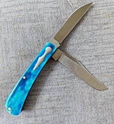 Jeffery Mitchell Blue Camel Bone Wharncliffe Trapper..Cpm154..3.75 closed..Keyhole bolsters/shields