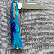 Jeffery Mitchell Blue Camel Bone Wharncliffe Trapper..Cpm154..3.75 closed..Keyhole bolsters/shields