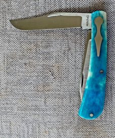 Jeffery Mitchell Blue Camel Bone Wharncliffe Trapper..Cpm154..3.75 closed..Keyhole bolsters/shields