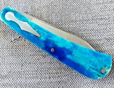 Jeffery Mitchell Blue Camel Bone Wharncliffe Trapper..Cpm154..3.75 closed..Keyhole bolsters/shields