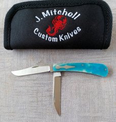 Jeffery Mitchell Blue Camel Bone Wharncliffe Trapper..Cpm154..3.75 closed..Keyhole bolsters/shields