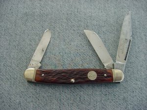 Vintage BOKER U.S.A. #8573, Etched, Bone Handles, Grooved Bolsters Stockman's Pattern Pocket Knife