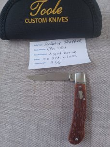 Bobby Toole Jigged Bone Lockback Trapper...Cpm154...3 5/8" closed..New...pouch and coa.