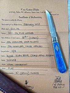 Kroo Blue Kudu Bone Lambsfoot,4" closed, Rwl34,white liners & spacers diamond shield.fileworked 