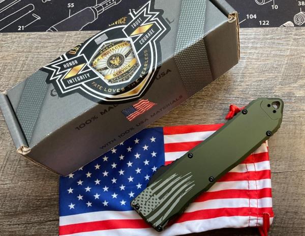 Guardian Tactical RECON-ELITE OTF Auto Knife Tanto OD Green (4" Black Serr) w/flag graphic