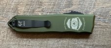 Guardian Tactical RECON-ELITE OTF Auto Knife Tanto OD Green (4" Black Serr) w/flag graphic