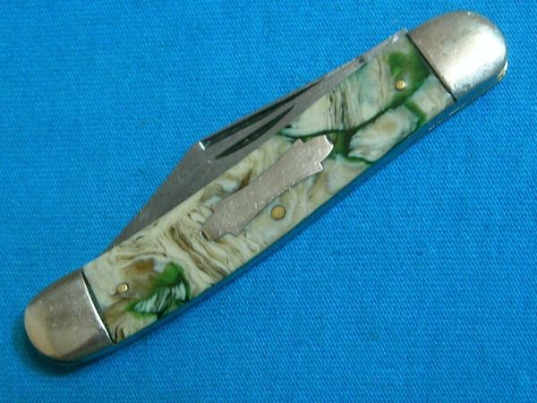 VINTAGE GAMBLE STORES FANCY HANDLE FOLDING SERPENTINE JACK PEN POCKET KNIFE KNIVES OLD GREEN MARBLE