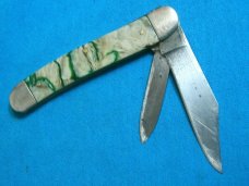 VINTAGE GAMBLE STORES FANCY HANDLE FOLDING SERPENTINE JACK PEN POCKET KNIFE KNIVES OLD GREEN MARBLE