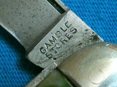 VINTAGE GAMBLE STORES FANCY HANDLE FOLDING SERPENTINE JACK PEN POCKET KNIFE KNIVES OLD GREEN MARBLE