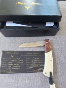 Mhara Native.,N690,..4".coa& box,Purple Heartwood Bolsters..Hippo Ivory Scales..lanyard w/ivory bead