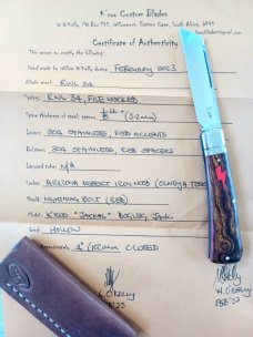 K'roo Custom Jackal Knife,,3.75..Desert Ironwood...rwl34. Filework..red G10 spacers/liners..coa/slip
