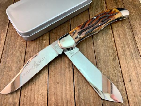 Wendell Carson Fighting Bull Folding Hunter Deep Worm Groove Bone Wendell Carson Fighting Bull Folding Hunter Deep Worm Groove Bone