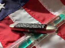 Bulldog Brand 3 Blade Angelo Saxon Knife Whittler w Beautiful Red Bone Handles & New Orleans Etch