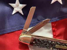 Bulldog Brand 3 Blade Angelo Saxon Knife Whittler w Beautiful Red Bone Handles & New Orleans Etch