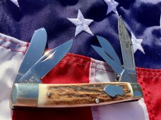 1998 Large nearly 4 & 1/2" Bulldog Brand 5 Blade Knife w/ Great Stag Handles -NOS & NM
