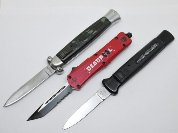 Lot of (3) OTF Out-The-Front Automatic Switchblade Knives - 2 Vintage - 1 Newer Lot of (3) OTF Out-The-Front Automatic Switchblade Knives - 2 Vintage - 1 Newer