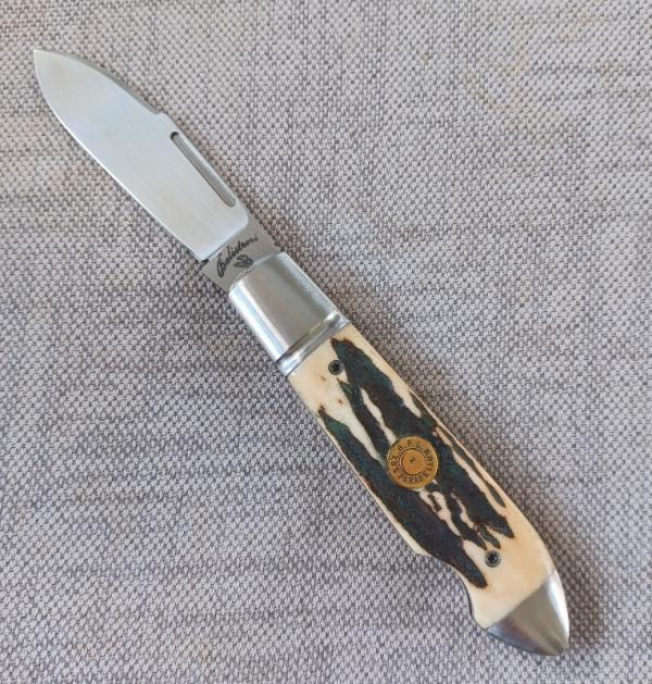 Vincenzo Balistreri Sambar Stag Bullet Head Easy Open.3.75"...Fluted bolsters..AEB-L..coa..slip.