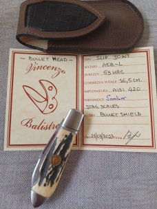 Vincenzo Balistreri Sambar Stag Bullet Head Easy Open.3.75"...Fluted bolsters..AEB-L..coa..slip.