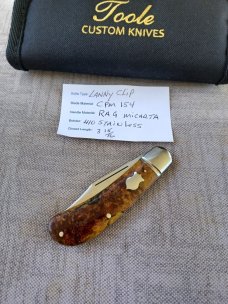 Bobby Toole Vintage Rag Micarta Lanny...Cpm154...3 15/16" closed..New...pouch and coa.