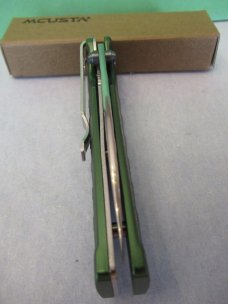Mcusta Green Anodized Aluminum Liner Lock Damascus Model # MC-0163D