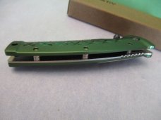 Mcusta Green Anodized Aluminum Liner Lock Damascus Model # MC-0163D