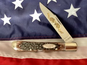 Vintage Ka-Bar 5 1/2” Single Blade Banana Locking Trapper Knife w/ Great Bone Handles -NOS & NM