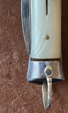 Rare Rizzuto Estileto Milano 7 Inch Switchblade Knife, White Pearl Handle, Unique Tang Mark 