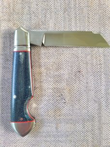 K'roo Sheepsfoot Easy Open Denim Micarta Bullet Head Jack..3.75..Rwl34..Red accents..filework..coa/s
