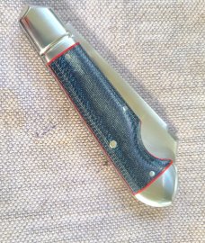 K'roo Sheepsfoot Easy Open Denim Micarta Bullet Head Jack..3.75..Rwl34..Red accents..filework..coa/s