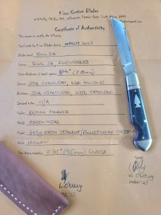 K'roo Sheepsfoot Easy Open Denim Micarta Bullet Head Jack..3.75..Rwl34..Red accents..filework..coa/s