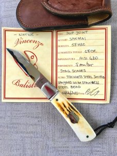 Vincenzo Balistreri Sambar Stag Native Slipjoint..3.5/8" cld...Lanyard.. Bead..San Mai...coa..slip.