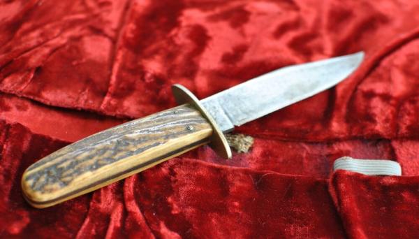 Early Stag Handled Hunting Knife 9" OAL Nickel Oval Guard No Tang Stamp Full Blade Tarnished Early Stag Handled Hunting Knife 9" OAL Nickel Oval Guard No Tang Stamp Full Blade Tarnished