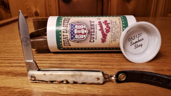Great Eastern Cutlery Sambar Stag 052121 Knife New/Mint W/Leather Strap, Ring, Tube & waxed paper