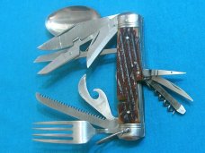 VINTAGE STELLAR JAPAN BIG JIGGED BONE HOBO FORK SPOON CAMP CAMPING FOLDING POCKET KNIFE KNIVES OLD