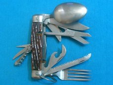 VINTAGE STELLAR JAPAN BIG JIGGED BONE HOBO FORK SPOON CAMP CAMPING FOLDING POCKET KNIFE KNIVES OLD