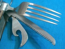 VINTAGE STELLAR JAPAN BIG JIGGED BONE HOBO FORK SPOON CAMP CAMPING FOLDING POCKET KNIFE KNIVES OLD