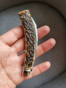 4" Custom Made Curved Knife, Premium Stag Handle, Rare Pattern