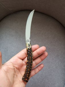 4" Custom Made Curved Knife, Premium Stag Handle, Rare Pattern