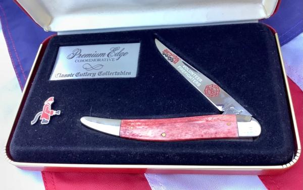 Queen Cutlery ToothPick Pocket Knife w Great Red Bone Handles +Firemen Hat Pin & Hard Display Box