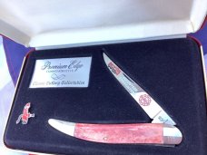 Queen Cutlery ToothPick Pocket Knife w Great Red Bone Handles +Firemen Hat Pin & Hard Display Box
