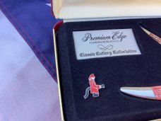 Queen Cutlery ToothPick Pocket Knife w Great Red Bone Handles +Firemen Hat Pin & Hard Display Box