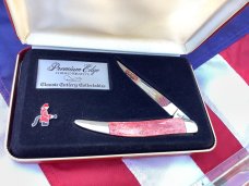 Queen Cutlery ToothPick Pocket Knife w Great Red Bone Handles +Firemen Hat Pin & Hard Display Box