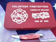 Queen Cutlery ToothPick Pocket Knife w Great Red Bone Handles +Firemen Hat Pin & Hard Display Box