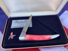 Queen Cutlery ToothPick Pocket Knife w Great Red Bone Handles +Firemen Hat Pin & Hard Display Box