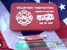 Queen Cutlery ToothPick Pocket Knife w Great Red Bone Handles +Firemen Hat Pin & Hard Display Box