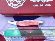 Queen Cutlery ToothPick Pocket Knife w Great Red Bone Handles +Firemen Hat Pin & Hard Display Box