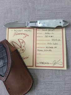 Vincenzo Balistreri MOP Bullet Head Easy Open.3.75"...Fluted bolsters..AEB-L.. filework...coa..slip.