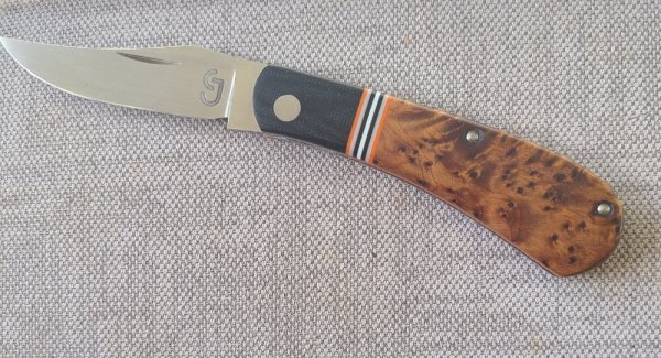 Grayson Jennings Thuya Burl Trapper..Cpm154..Black Canvas Micarta bolsters...3.5 closed..coa and box