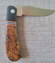 Grayson Jennings Thuya Burl Trapper..Cpm154..Black Canvas Micarta bolsters...3.5 closed..coa and box